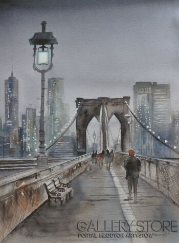 First31885 Last31885-Brooklyn Bridge wieczorową porą-Akwarela