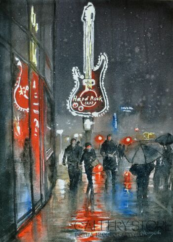 First31885 Last31885-Hard Rock Cafe. Miasto nocą-Akwarela
