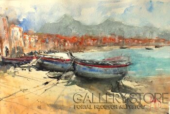 First33818 Last33818-,,Plaża w Cefalu,,-Akwarela