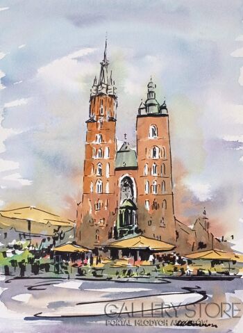 First34402 Last34402-Kościół Mariacki i kwiaciarki-Akwarela