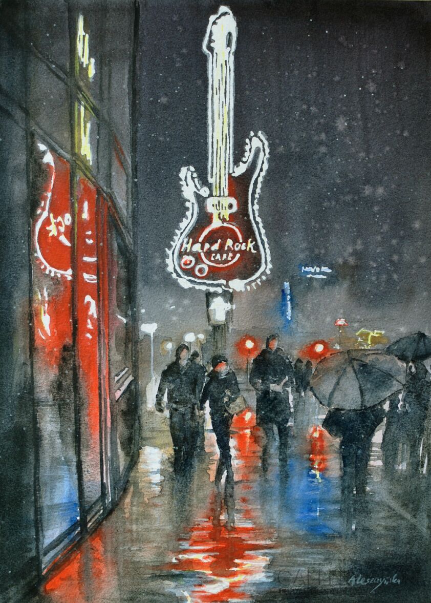 First31885 Last31885-Hard Rock Cafe. Miasto nocą-Akwarela
