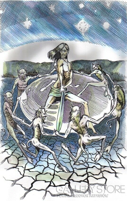 First25856 Last25856-Tarot Apokalipsy - Walet mieczy - Kuszenie Chrystusa-Rysunek