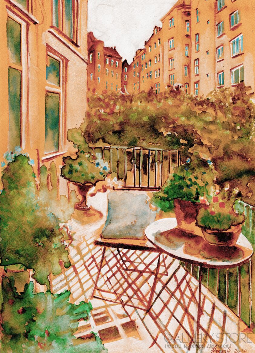 First28642 Last28642-Balkon w słońcu letniego dnia-Gwasz