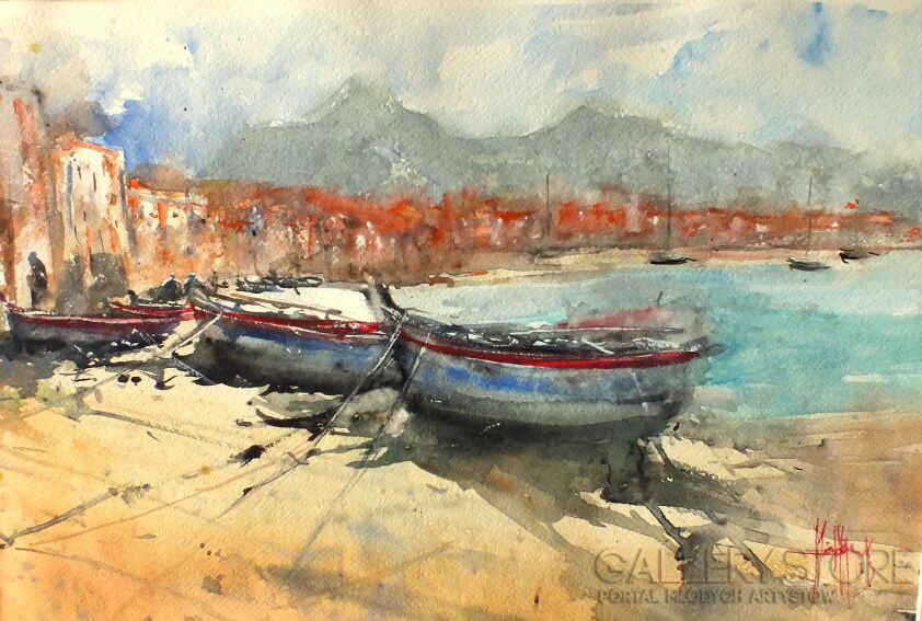 First33818 Last33818-,,Plaża w Cefalu,,-Akwarela
