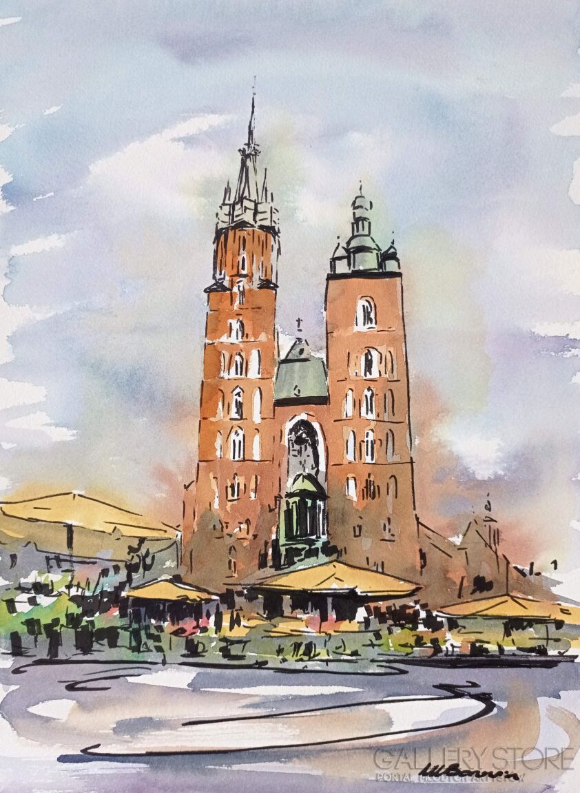 First34402 Last34402-Kościół Mariacki i kwiaciarki-Akwarela
